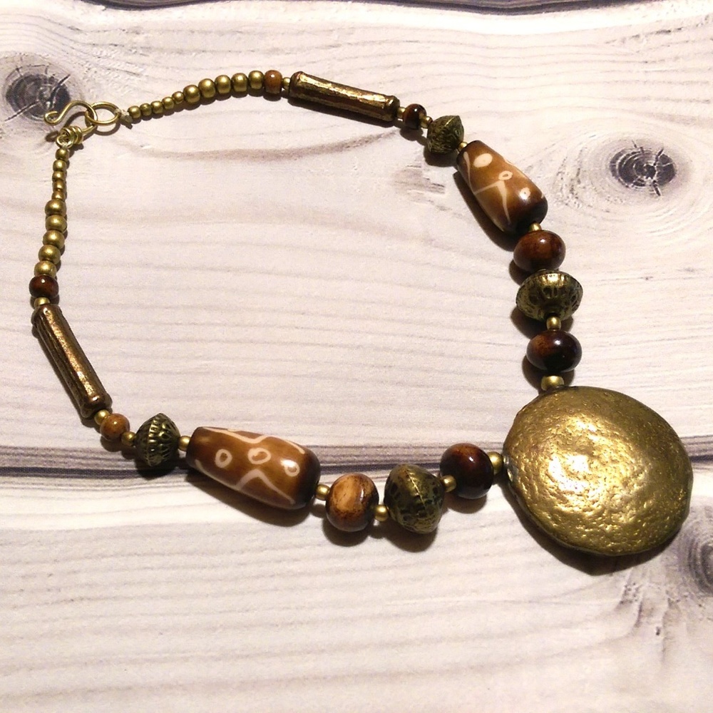 Antique Tribal Brass Beads and Pendant Necklace